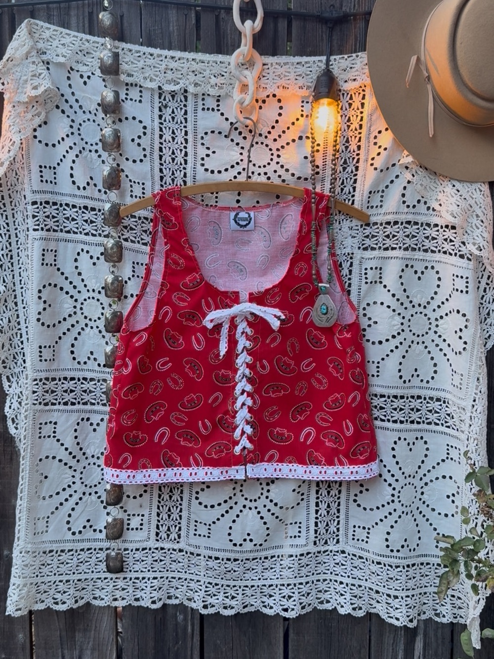 Handmade vintage fabric western lace up top